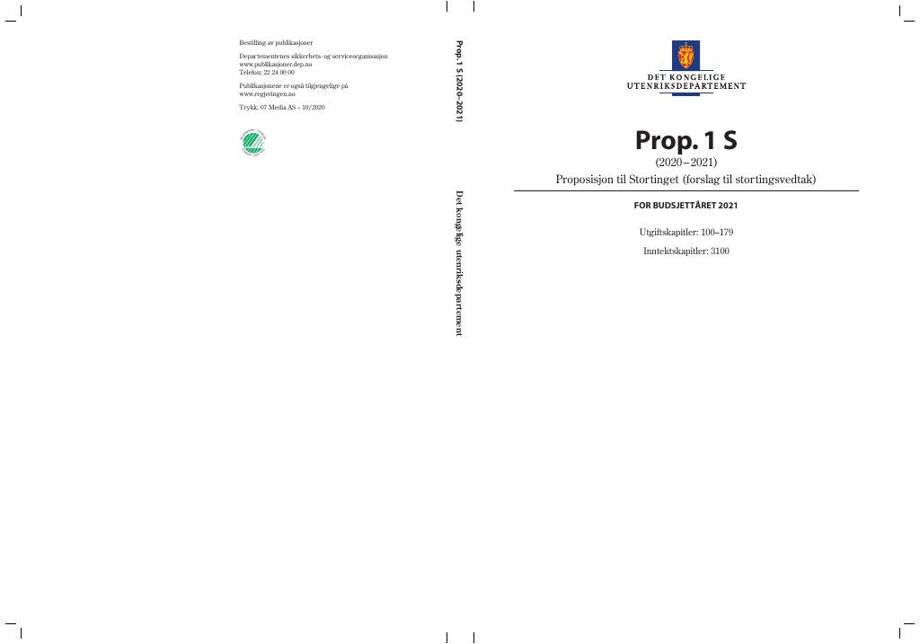 Forsiden av dokumentet Prop. 1 S (2020–2021)