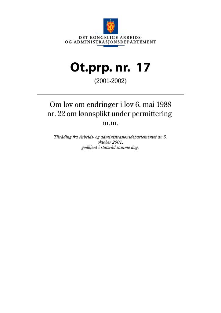 Forsiden av dokumentet Ot.prp. nr. 17 (2001-2002)