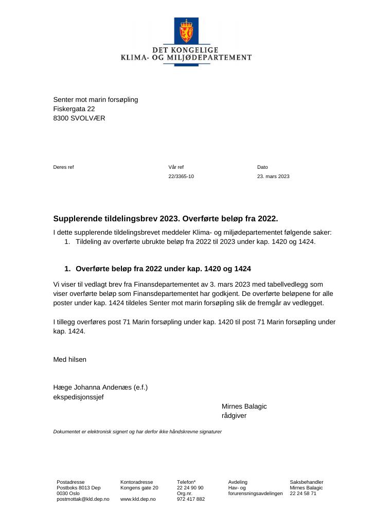 Forsiden av dokumentet Tildelingsbrev Senter mot marin forsøpling 2023 - tillegg nr. 1