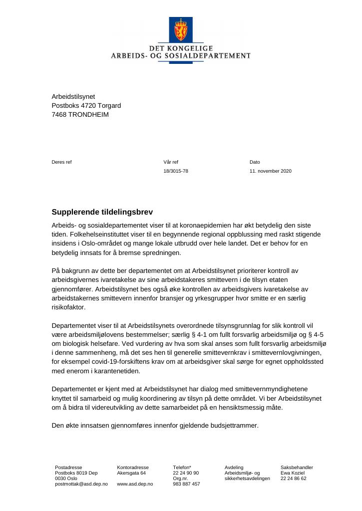 Forsiden av dokumentet Tildelingsbrev Arbeidstilsynet 2020 - tillegg nr. 5