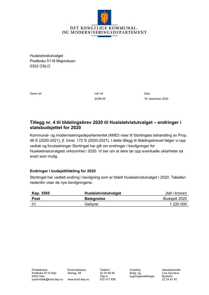 Forsiden av dokumentet Tillegg nr. 4 til tildelingsbrev 2020 til HTU (pdf)