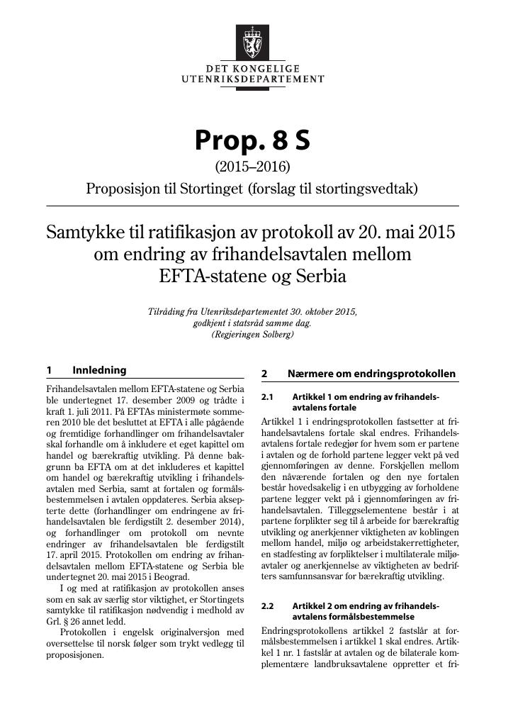 Forsiden av dokumentet Prop. 8 S (2015–2016)