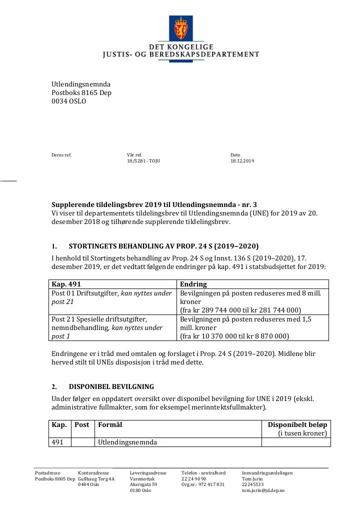 Forsiden av dokumentet Supplerende tildelingsbrev nr. 3 Utlendingsnemnda 2019