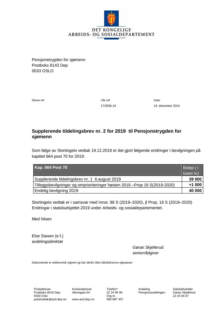 Forsiden av dokumentet Supplerende tildelingsbrev Pensjonstrygden for sjømenn 2019 - nr. 2