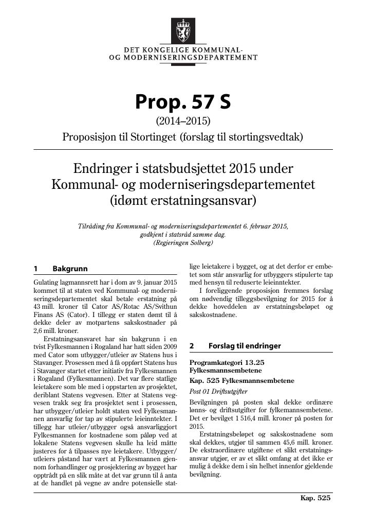 Forsiden av dokumentet Prop. 57 S (2014-2015)