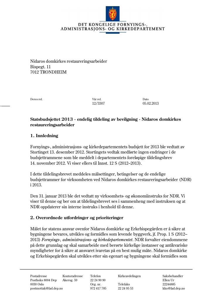 Forsiden av dokumentet Tildelingsbrev (.pdf)