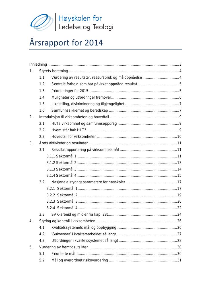Forsiden av dokumentet Årsrapport Høyskolen for ledelse og teologi 2014