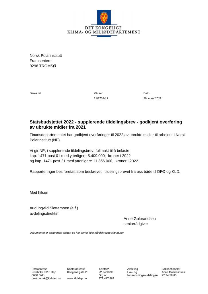 Forsiden av dokumentet Tildelingsbrev Norsk polarinstitutt 2022 - tillegg