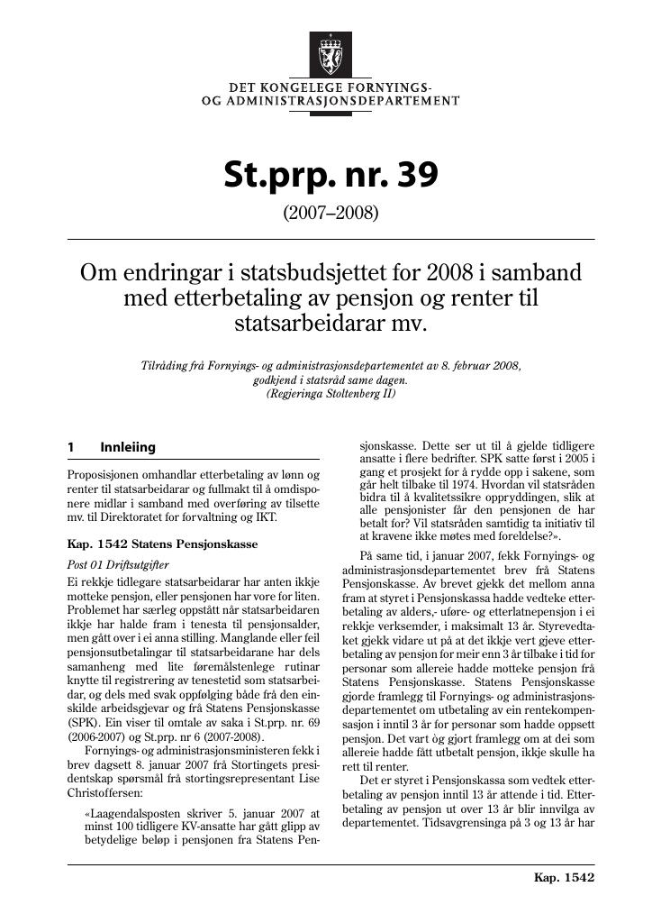 Forsiden av dokumentet St.prp. nr. 39 (2007-2008)