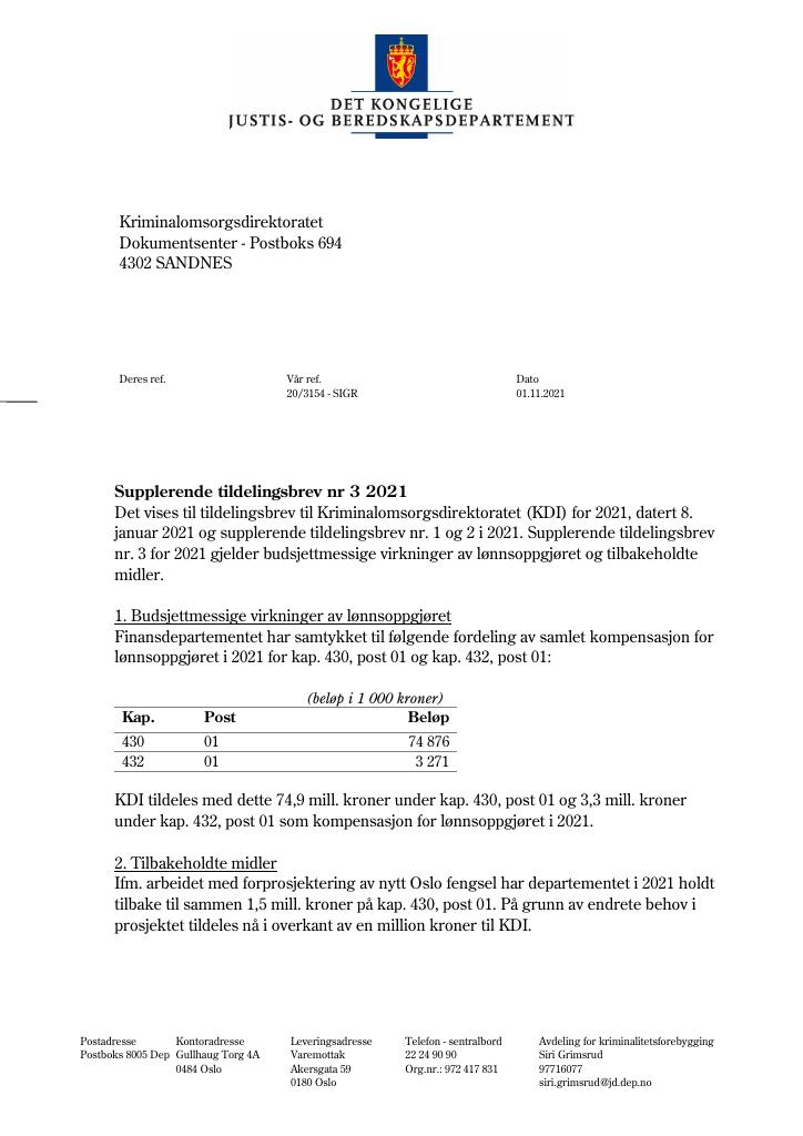 Forsiden av dokumentet Tildelingsbrev Kriminalomsorgsdirektoratet 2021 - tillegg nr. 3