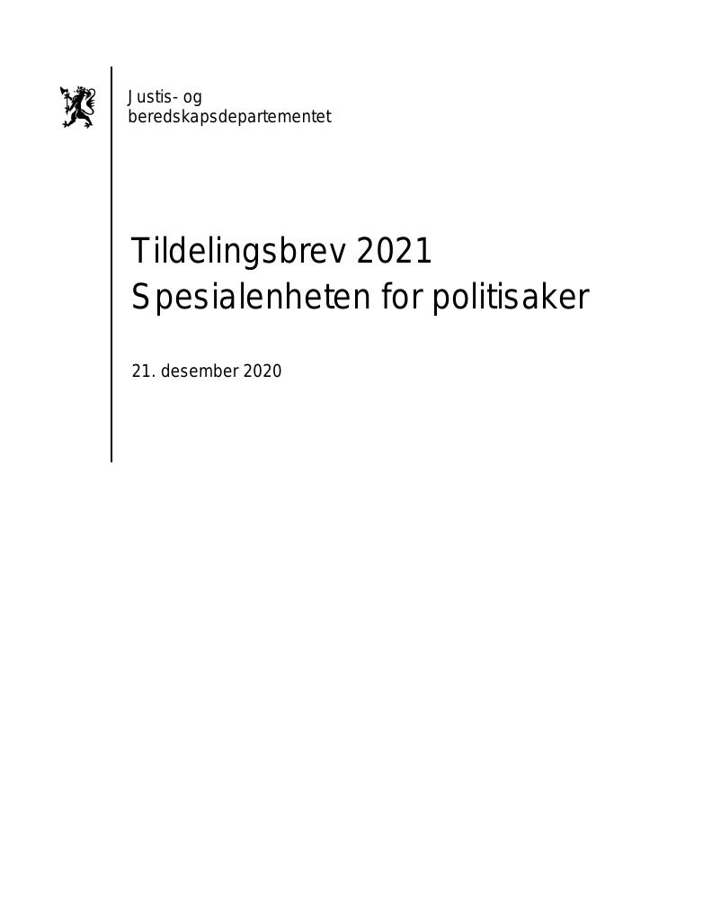 Forsiden av dokumentet Tildelingsbrev Spesialenheten for politisaker 2021