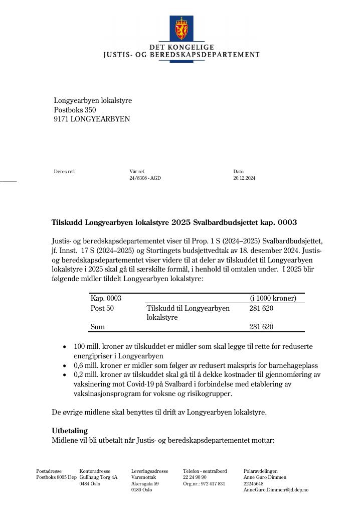 Forsiden av dokumentet Tilskuddsbrev Longyearbyen lokalstyre 2025