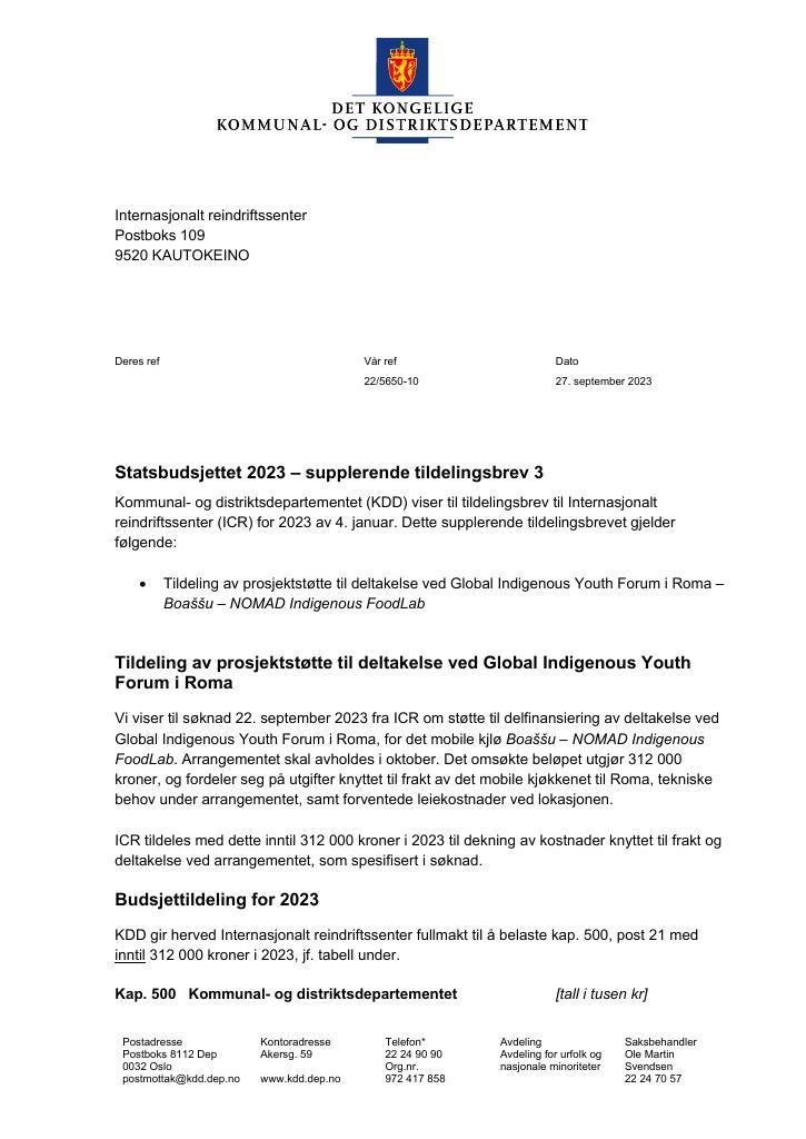 Forsiden av dokumentet Supplerende tildelingsbrev 3.pdf 2023