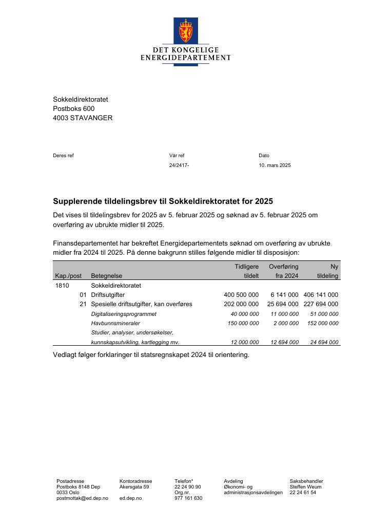 Forsiden av dokumentet Tildelingsbrev Sokkeldirektoratet 2025 - tillegg nr. 1