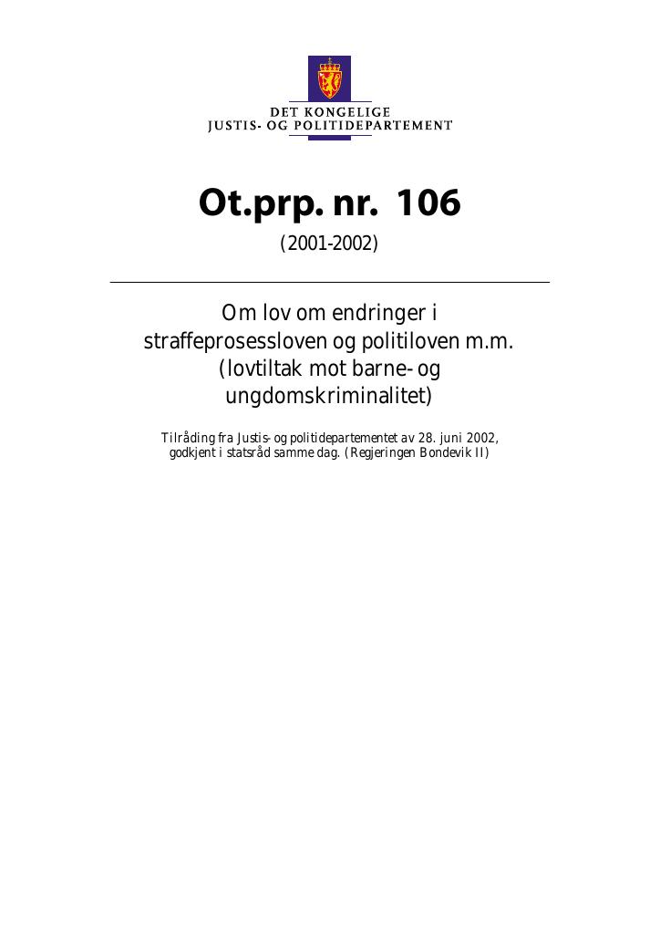 Forsiden av dokumentet Ot.prp. nr. 106 (2001-2002)