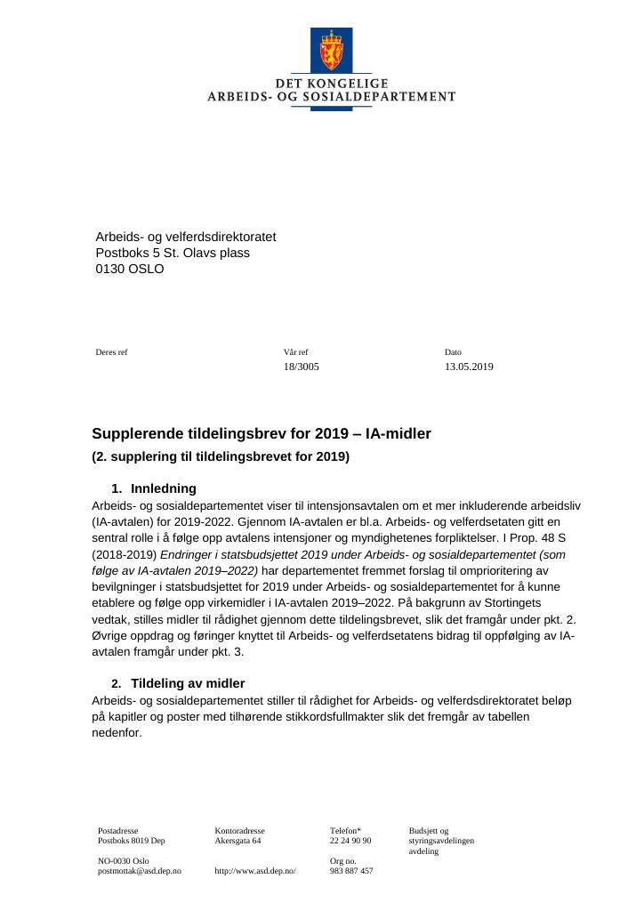 Forsiden av dokumentet Tildelingsbrev Arbeids- og velferdsdirektoratet 2019 - tillegg nr. 2