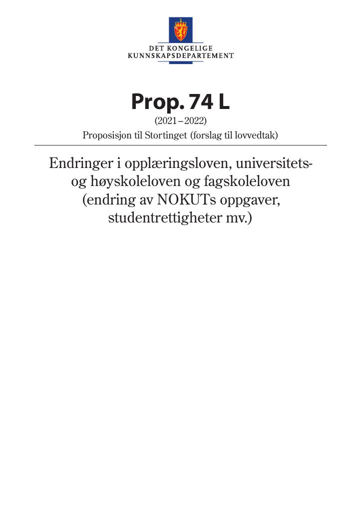 Forsiden av dokumentet Prop. 74 L (2021–2022)