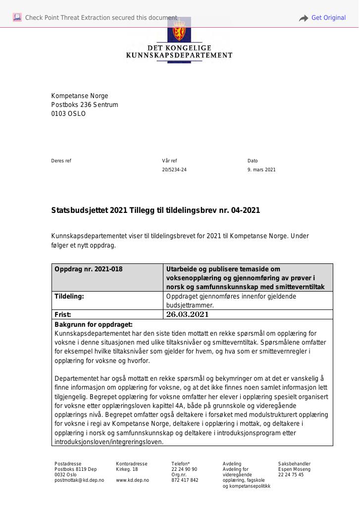 Forsiden av dokumentet Tildelingsbrev Kompetanse Norge 2021 - tillegg nr. 4