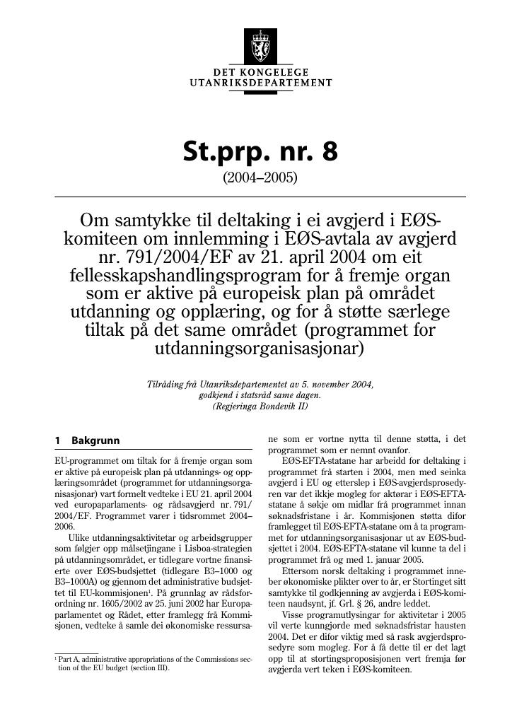 Forsiden av dokumentet St.prp. nr. 8 (2004-2005)