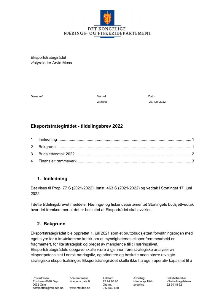 Forsiden av dokumentet Tildelingsbrev Eksportstrategiområdet 2022 - utkast