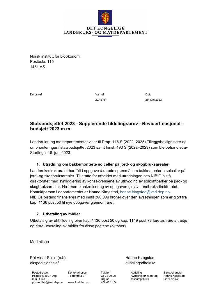 Forsiden av dokumentet Tildelingsbrev Norsk institutt for bioøkonomi - NIBIO 2023 - tillegg nr. 29
