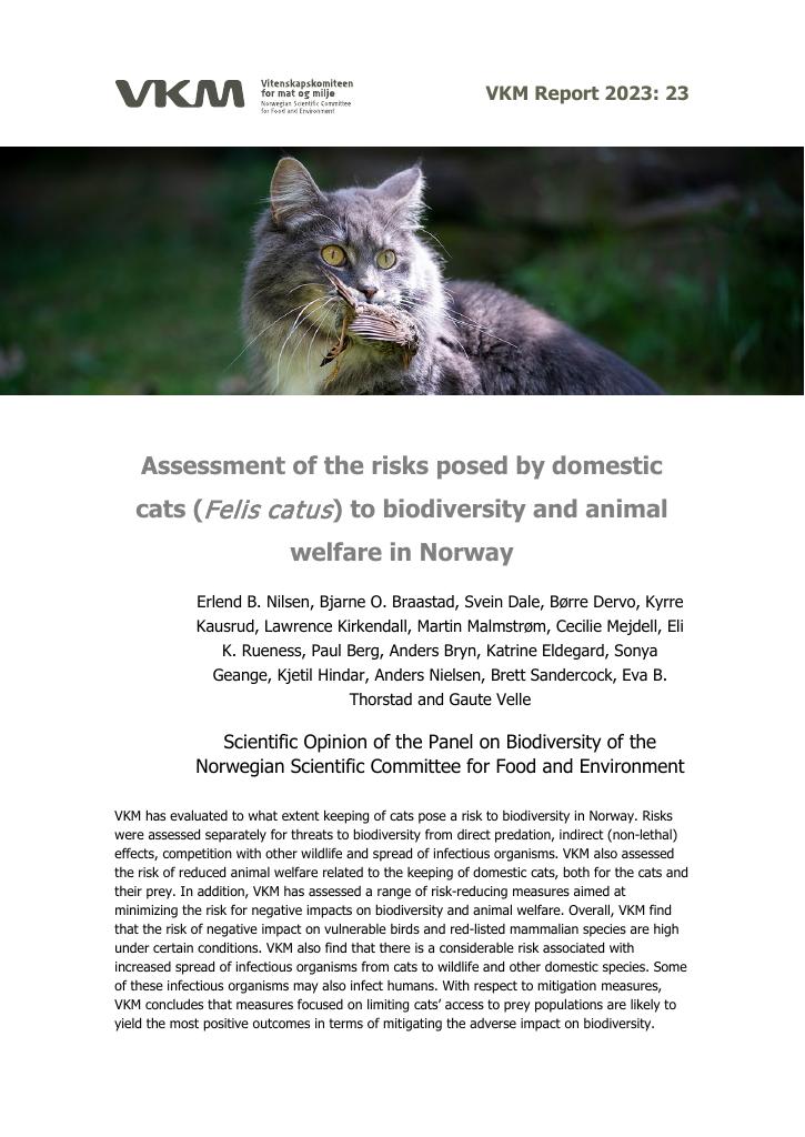 Forsiden av dokumentet Assessment of the risks posed by domestic cats (Felis catus) to biodiversity and animal welfare in Norway