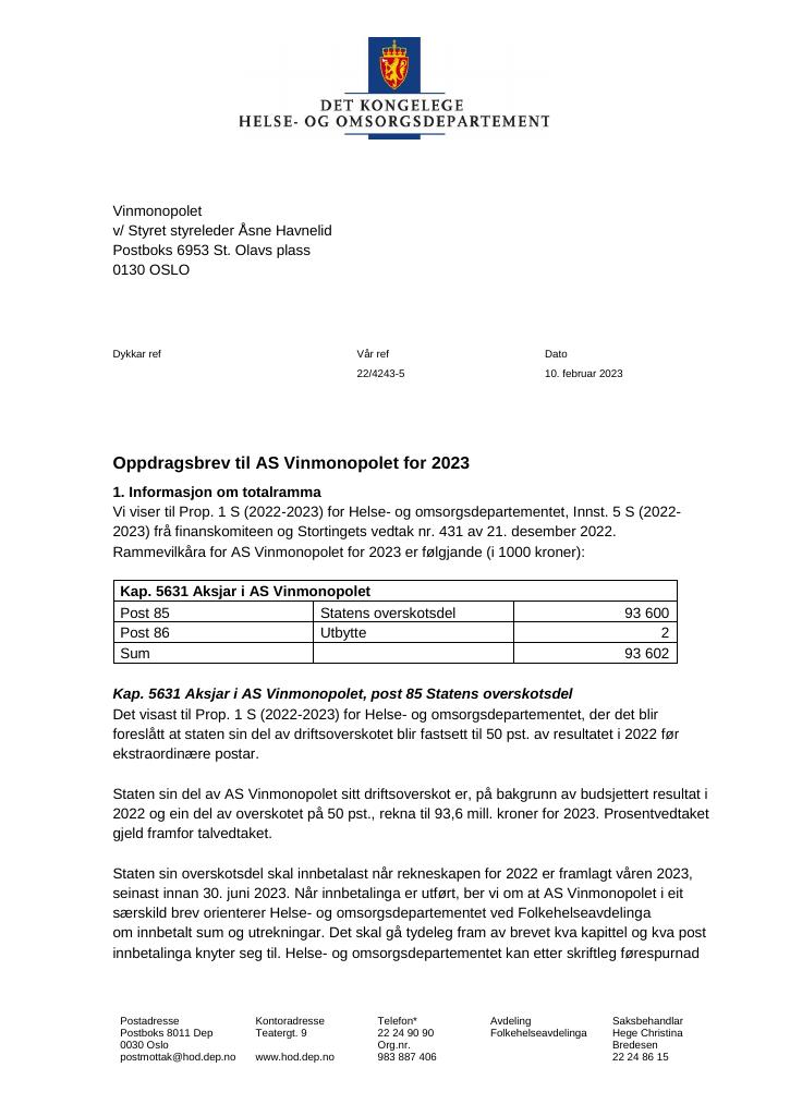 Forsiden av dokumentet Oppdragsbrev 2023