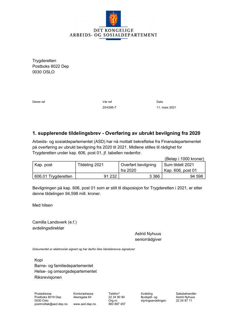 Forsiden av dokumentet Tildelingsbrev Trygderetten 2021 - tillegg nr. 1 og nr. 2.