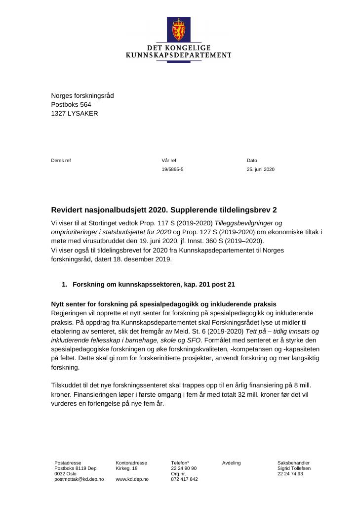 Forsiden av dokumentet Tildelingsbrev Norges forskningsråd 2020 - tillegg nr. 2