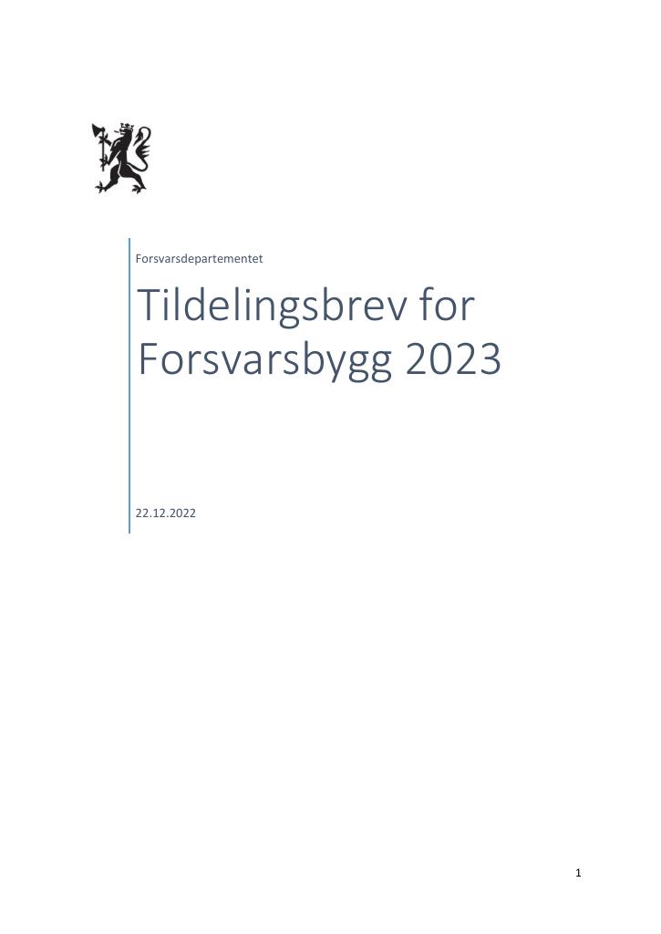 Forsiden av dokumentet Tildelingsbrev Forsvarsbygg 2023
