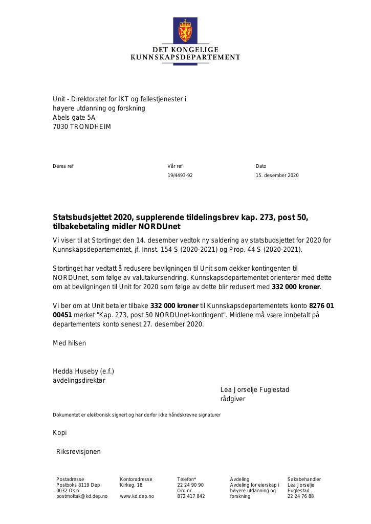 Forsiden av dokumentet Supplerende tildelingsbrev Unit 2020