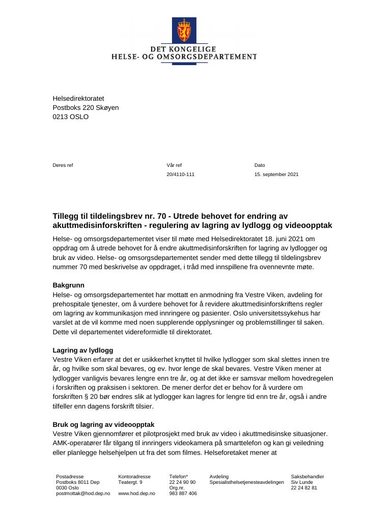 Forsiden av dokumentet Tildelingsbrev Helsedirektoratet 2021 - tillegg nr. 70