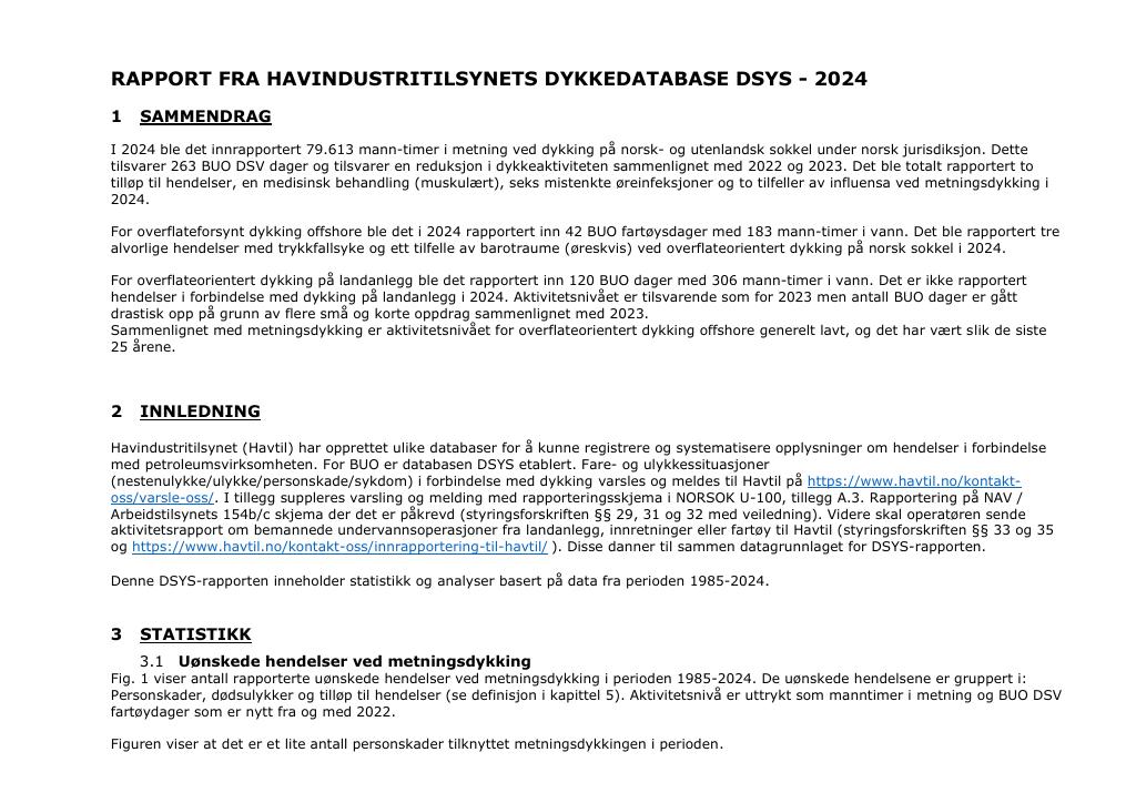 Forsiden av dokumentet Rapport fra Havindustritilsynets dykkedatabase DSYS - 2024