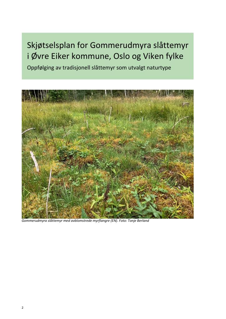 Forsiden av dokumentet Skjøtselsplan for Gommerudmyra slåttemyr i Øvre Eiker kommune, Oslo og Viken fylke : oppfølging av tradisjonell slåttemyr som utvalgt naturtype
