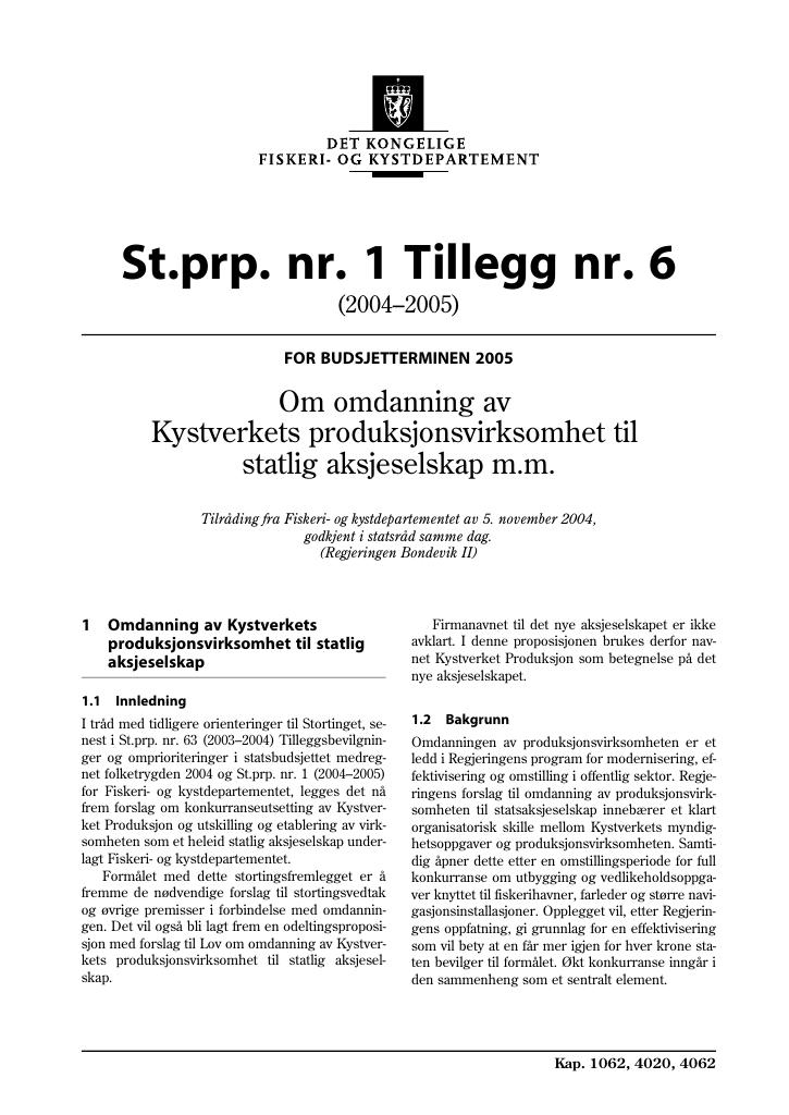 Forsiden av dokumentet St.prp nr. 1 Tillegg nr. 6 (2004-2005)