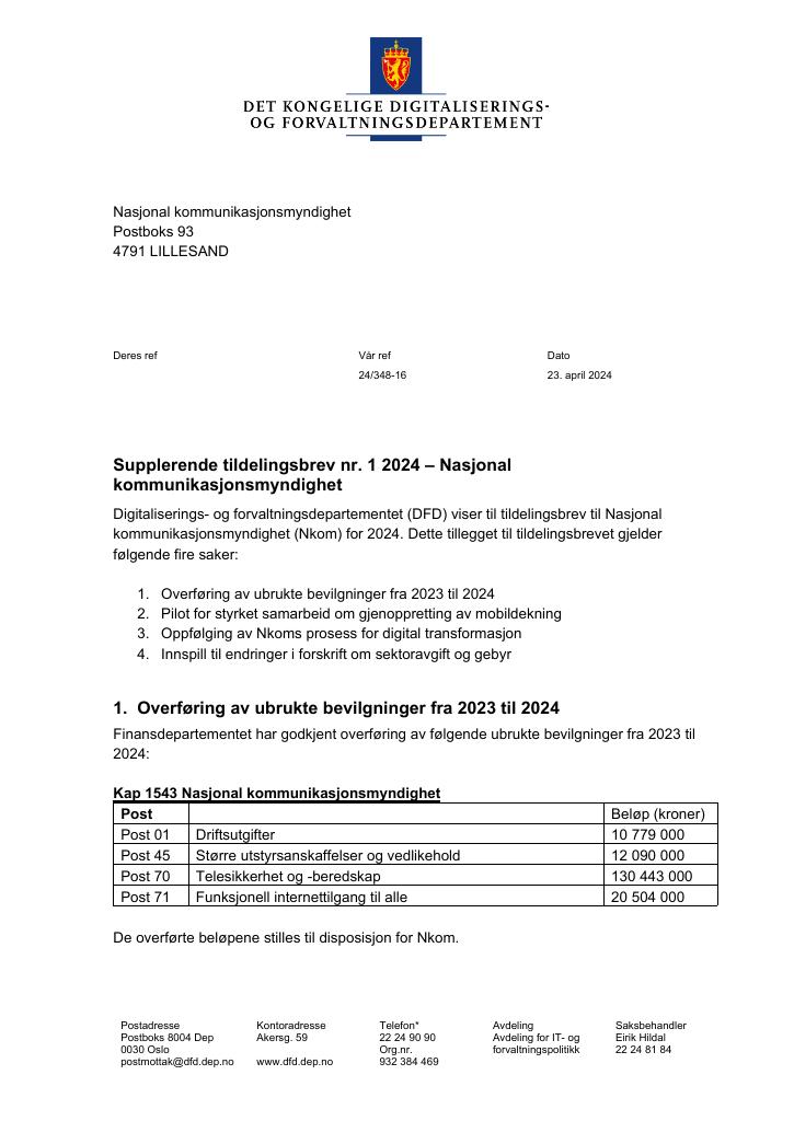 Forsiden av dokumentet tilleggsbrev nr. 1 (pdf) 2024
