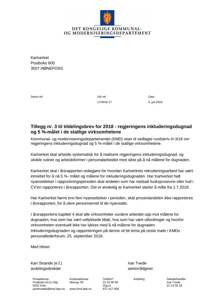 Forsiden av dokumentet Tildelingsbrev Kartverket 2018 - tillegg nr. 3