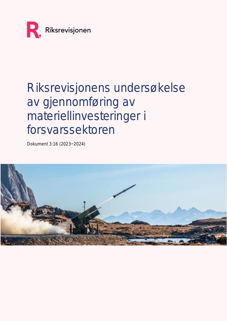 Forsiden av dokumentet Gjennomføring av materiellinvesteringer i forsvarssektoren