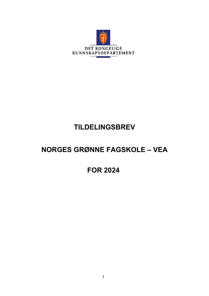 Forsiden av dokumentet Tildelingsbrev Norges grønne fagskole (Vea) 2024