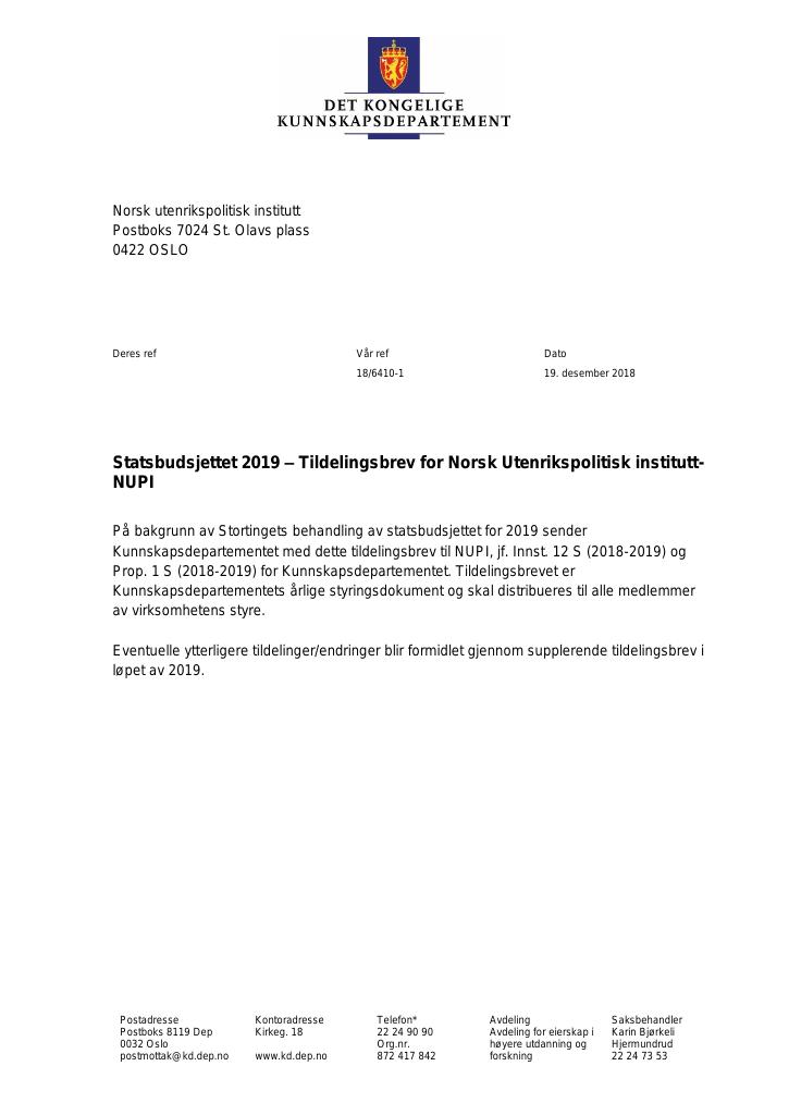 Forsiden av dokumentet Tildelingsbrev Norsk utenrikspolitisk institutt (NUPI) 2019