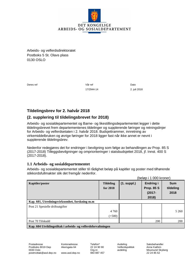 Forsiden av dokumentet Tildelingsbrev Arbeids- og velferdsdirektoratet 2018 - tillegg nr. 2