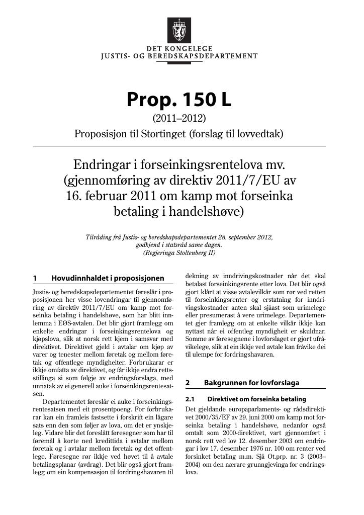 Forsiden av dokumentet Prop. 150 L (2011–2012)