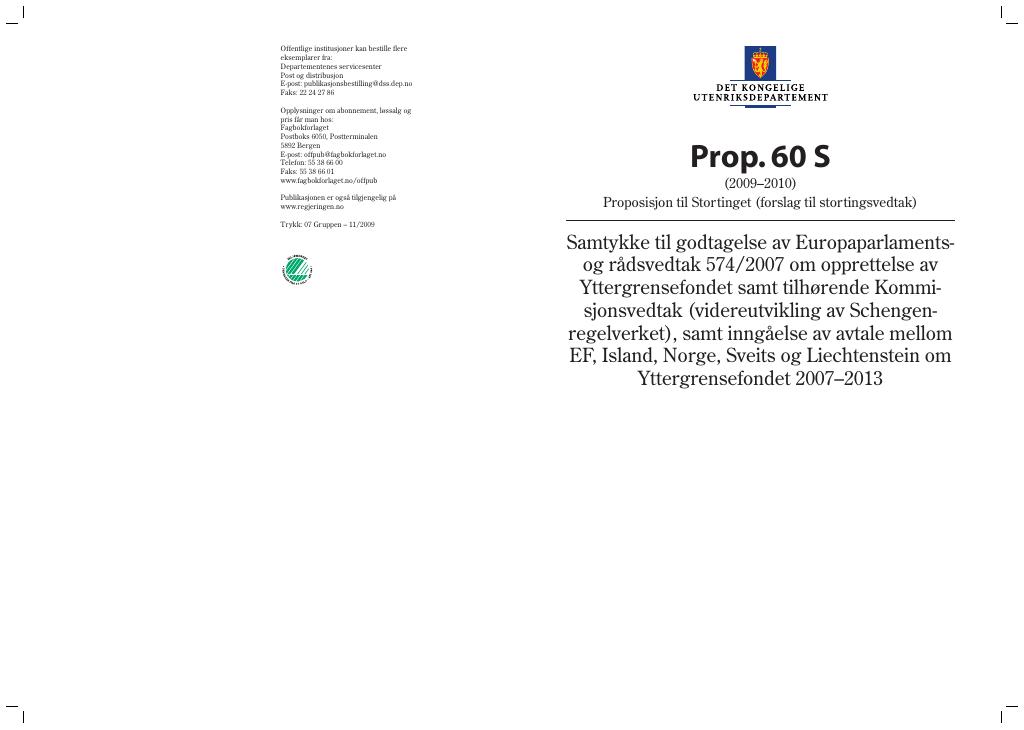 Forsiden av dokumentet Prop. 60 S (2009-2010)