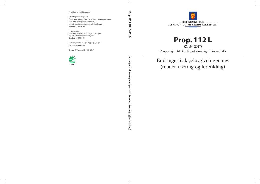 Forsiden av dokumentet Prop. 112 L (2016–2017)