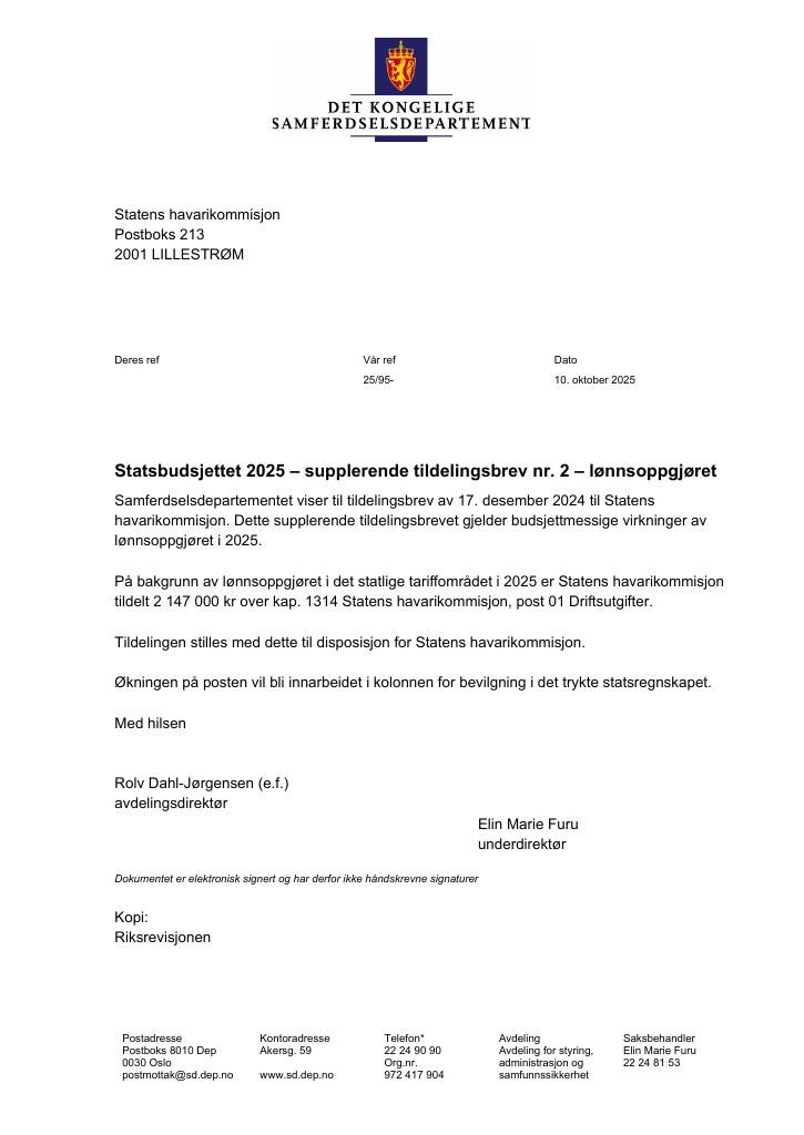 Forsiden av dokumentet Tildelingsbrev Statens havarikommisjon 2025 - tillegg nr. 2