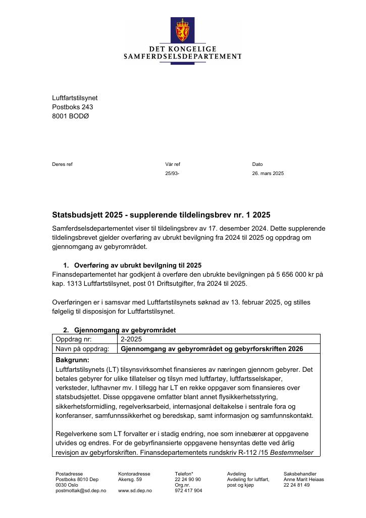 Forsiden av dokumentet Tildelingsbrev Luftfartstilsynet 2025 - tillegg nr. 1