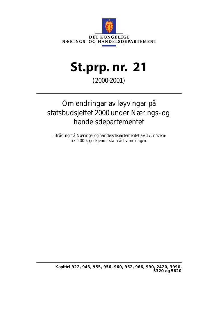 Forsiden av dokumentet St.prp. nr. 21 (2000-2001)