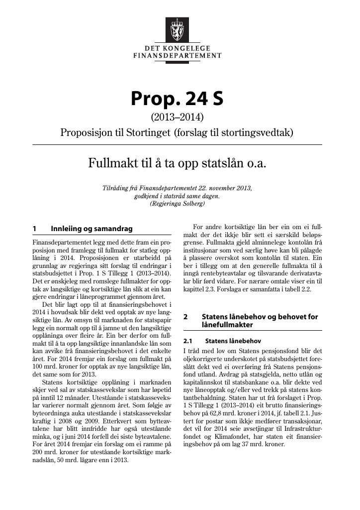 Forsiden av dokumentet Prop. 24 S (2013–2014)