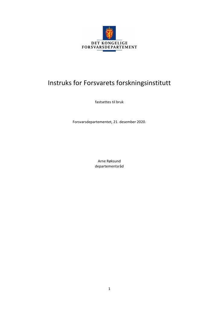 Forsiden av dokumentet Instruks Forsvarets forskningsinstitutt 2021