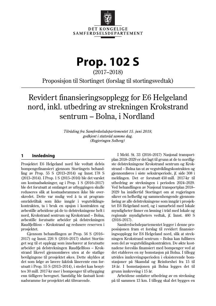 Forsiden av dokumentet Prop. 102 S (2017–2018)